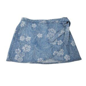 Free People Women's Floral Print Light Wash Blue Denim Skirt 8
